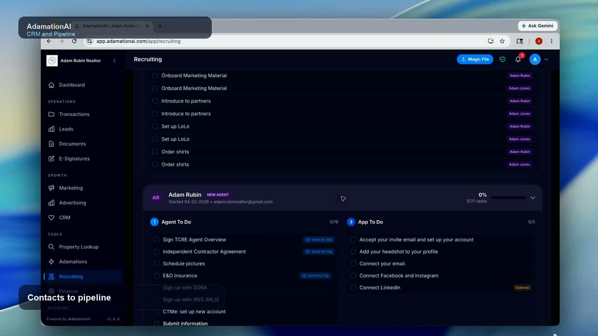 AdamationAI CRM and sphere dashboard showing contacts, campaign status, and relationship activity