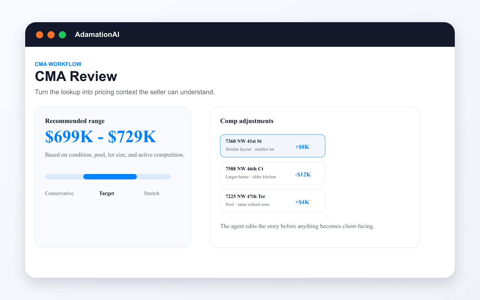 AdamationAI CMA review example with pricing range and comparable sale adjustments
