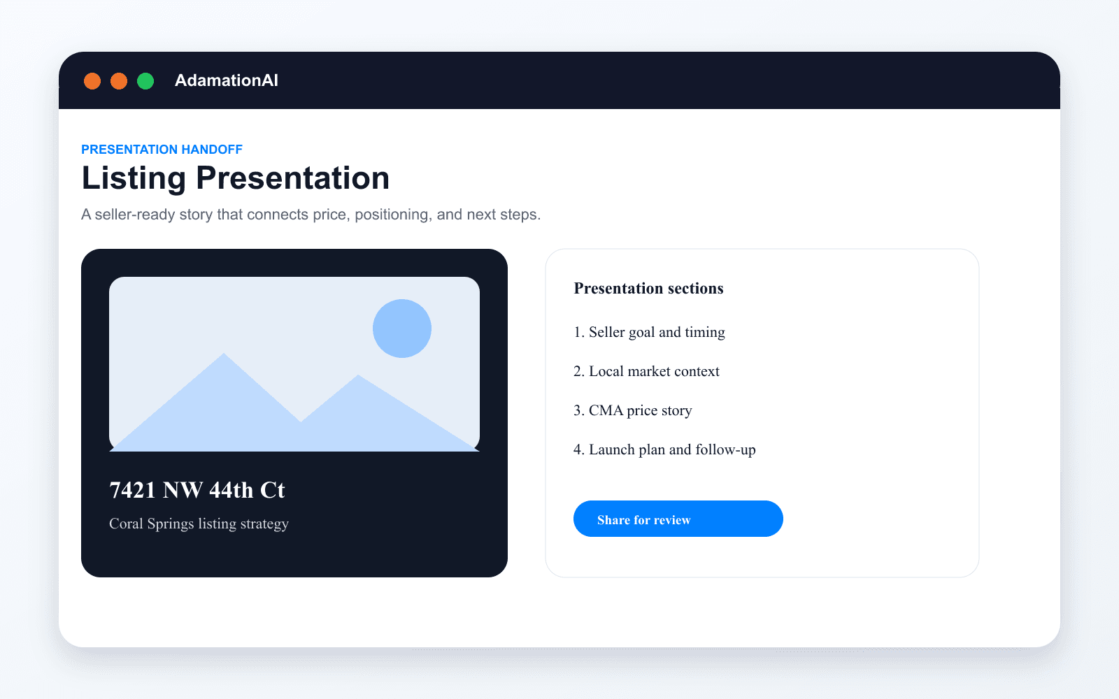 AdamationAI listing presentation example with seller-ready sections and share action