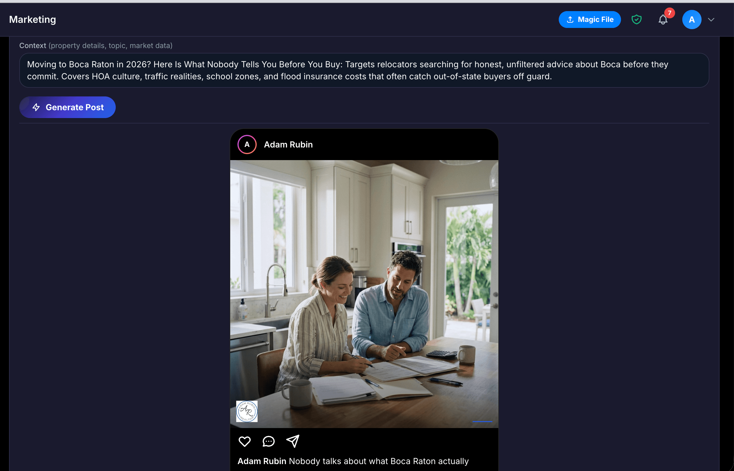 AdamationAI Marketing Hub generated social post preview from a selected real estate topic
