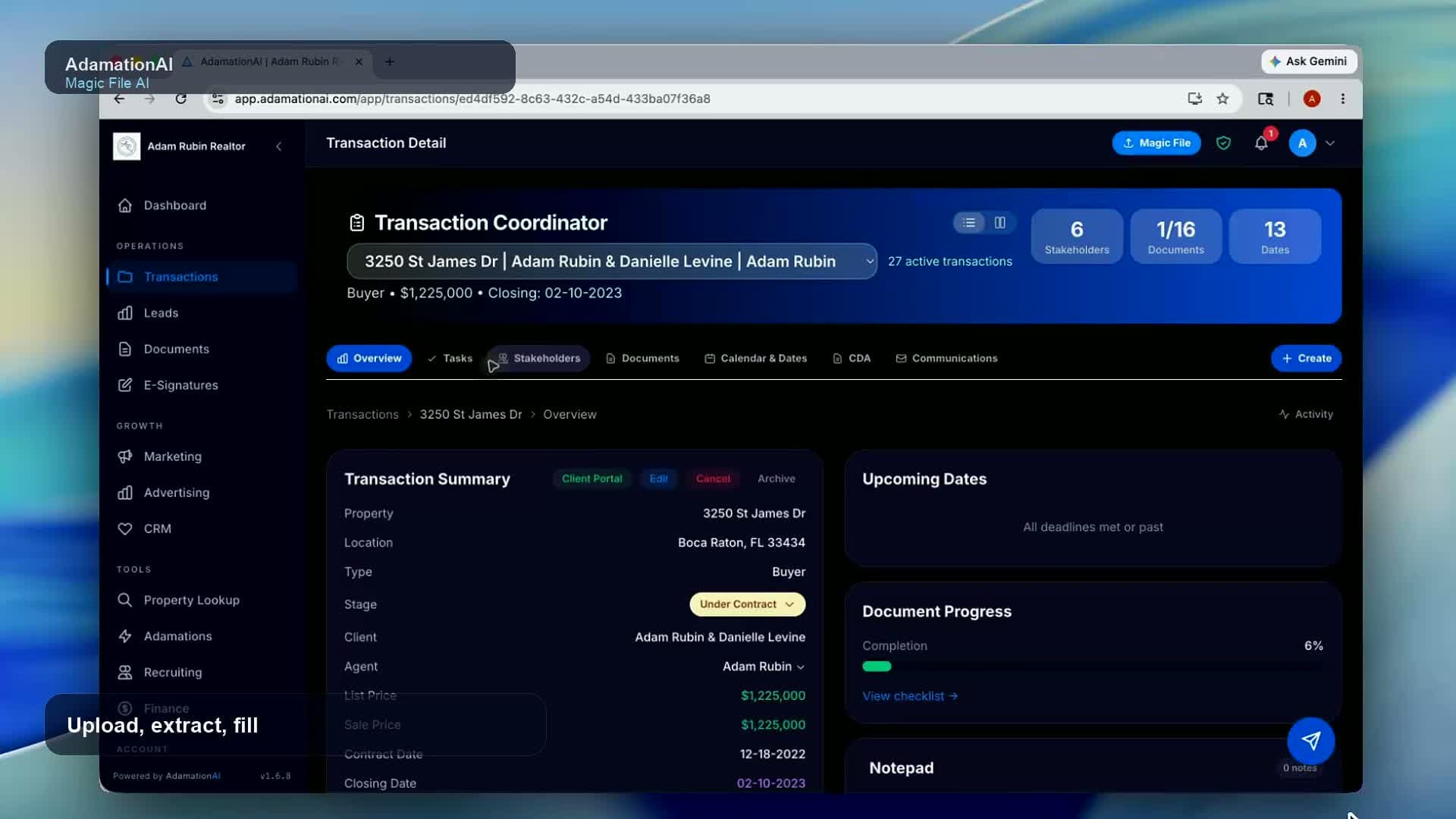 AdamationAI Magic File AI interface showing a PDF contract with AI-extracted data highlighted including property address, client name, and contract price