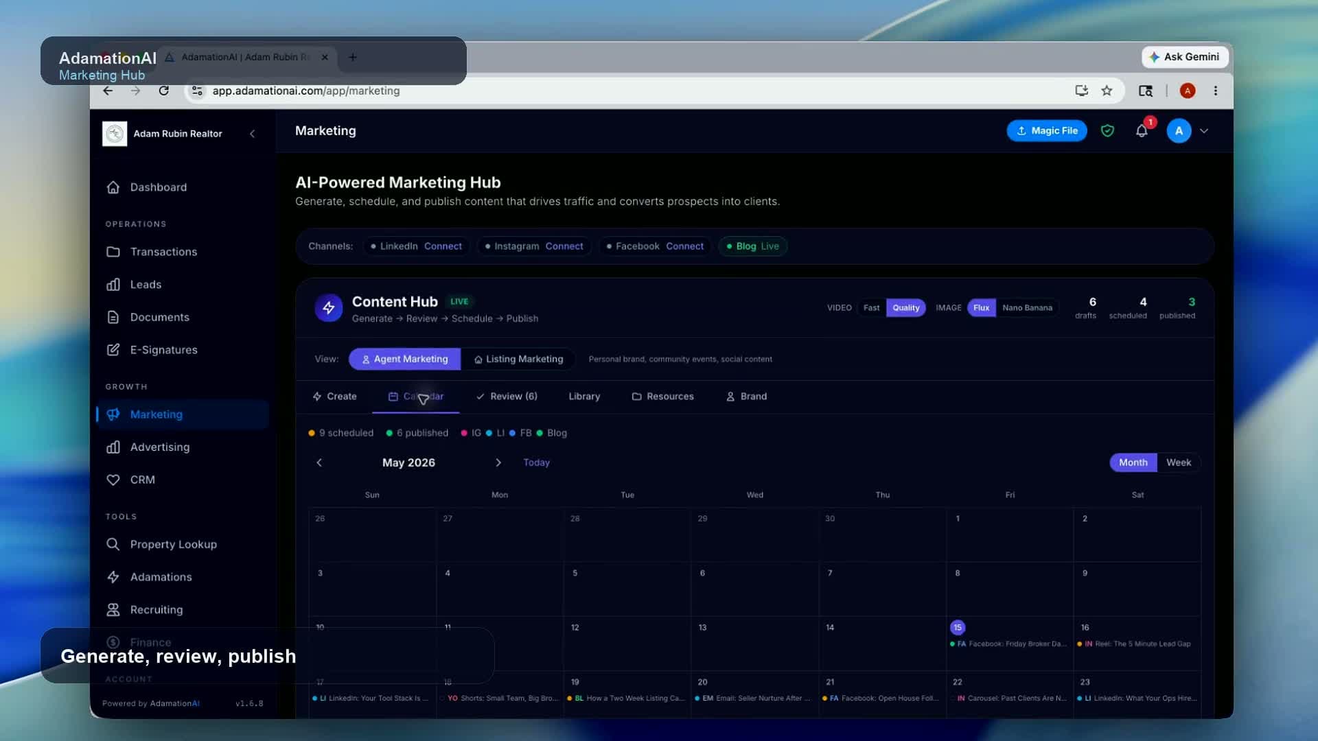 AdamationAI marketing hub dashboard showing AI content generation, content calendar, and social media scheduling