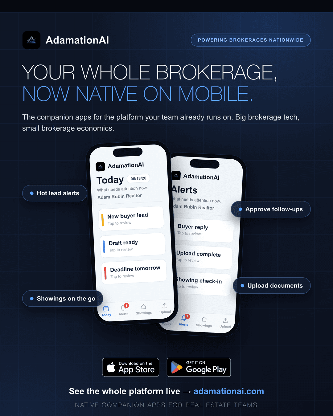 AdamationAI iOS and Android companion app launch creative showing mobile alerts, follow-up approvals, uploads, and showings