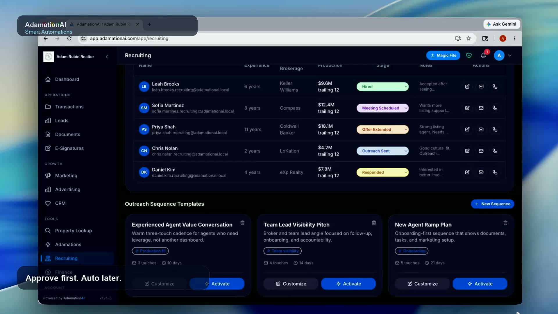 AdamationAI smart automations dashboard showing workflow automation cards with status toggles and configuration options