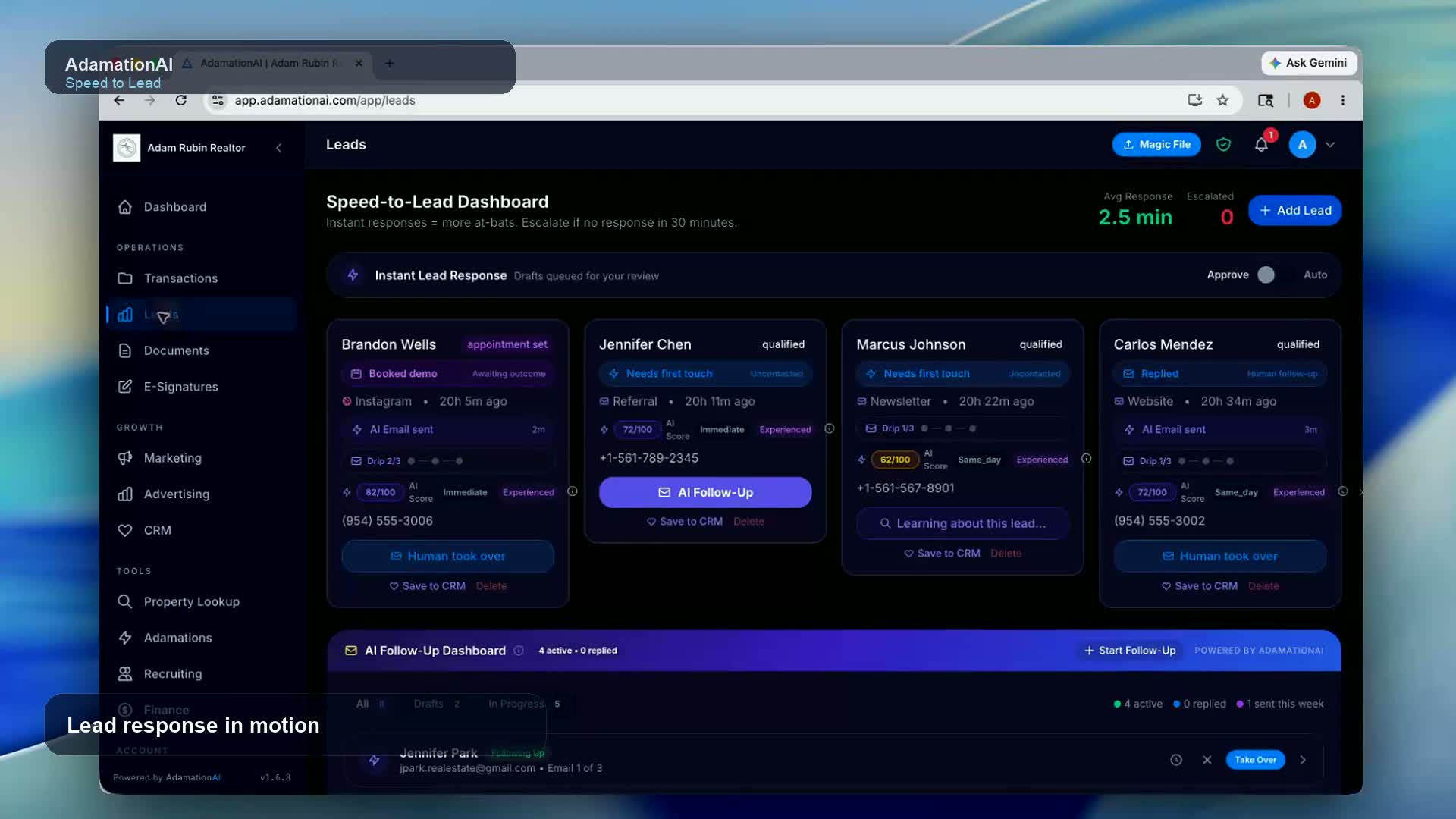 AdamationAI speed to lead dashboard showing lead table with AI scores, source icons, status badges, and 87 average AI score