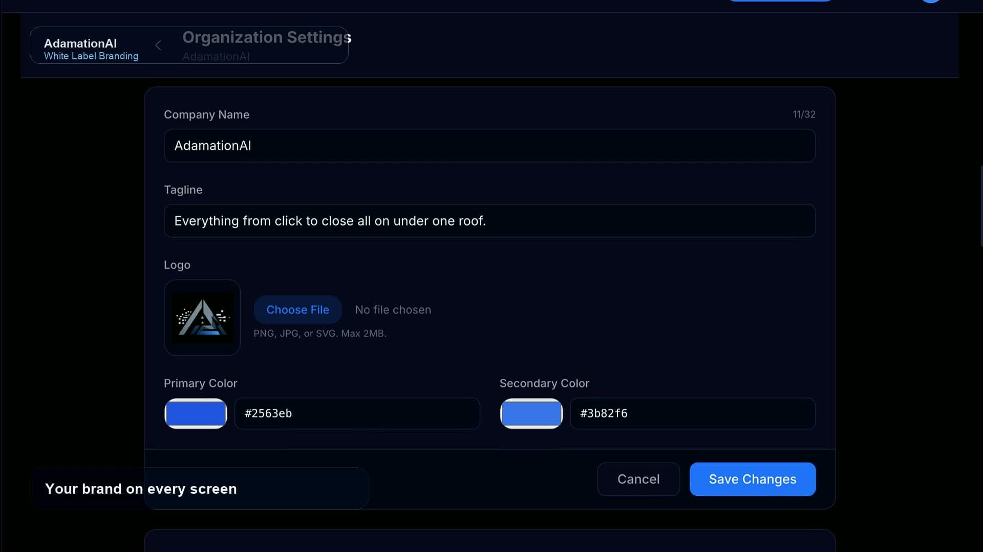 AdamationAI white-label branding and organization settings page showing custom logo upload, brand color configuration, and domain settings