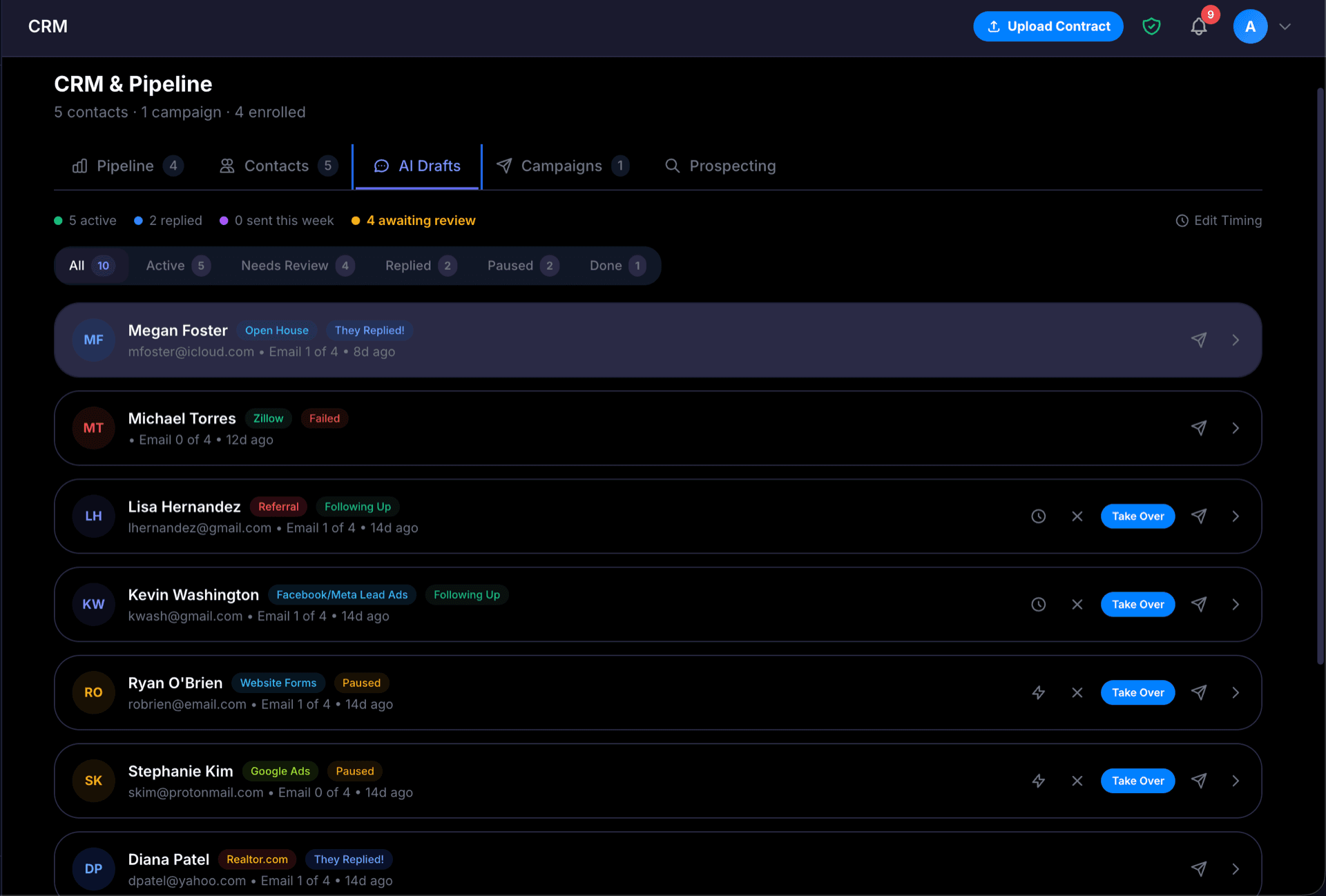 AdamationAI CRM pipeline management dashboard showing deal stages, contact records, and sales funnel analytics