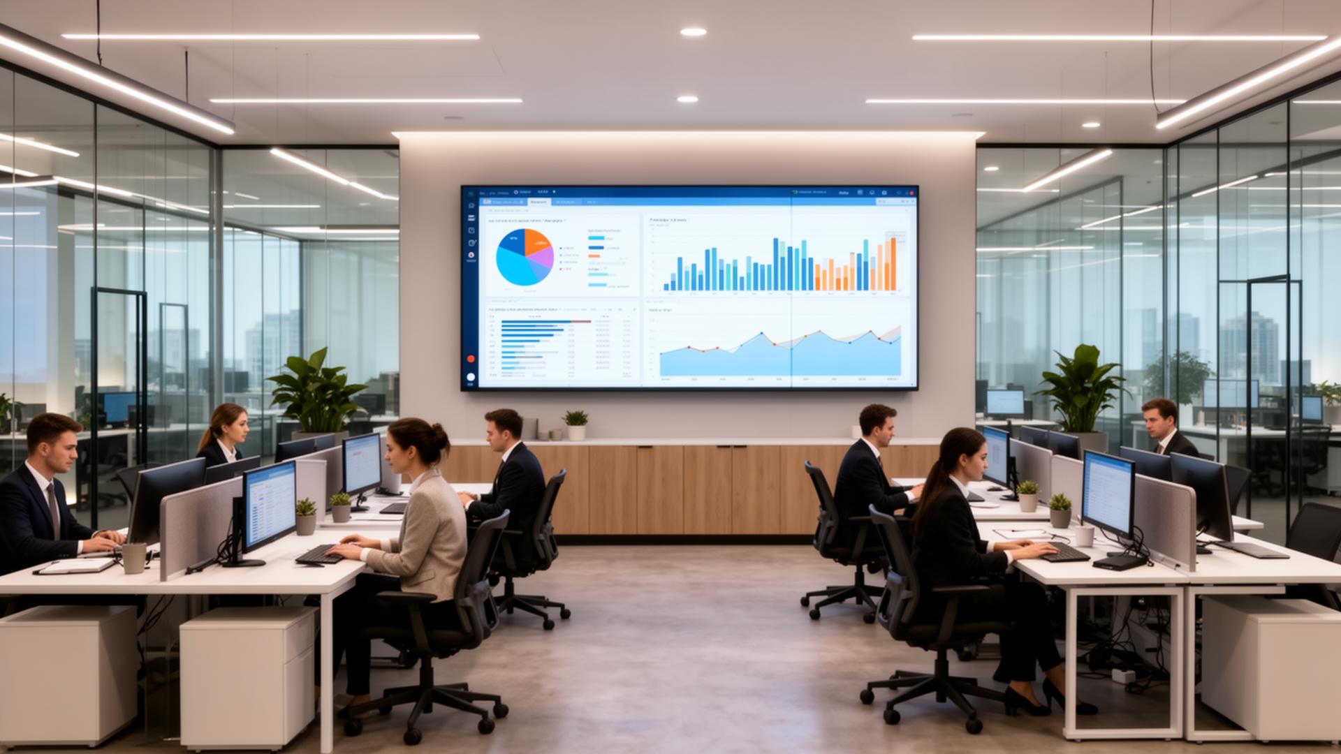 Modern real estate brokerage office using AdamationA.I. revenue operations platform with org-wide analytics, commission tracking, and recruiting pipeline